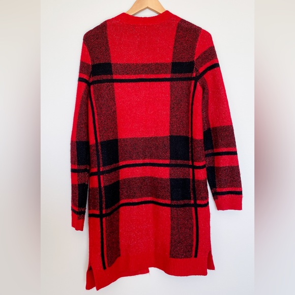 Long Red & Black Plaid Open Cardigan - Picture 2 of 3